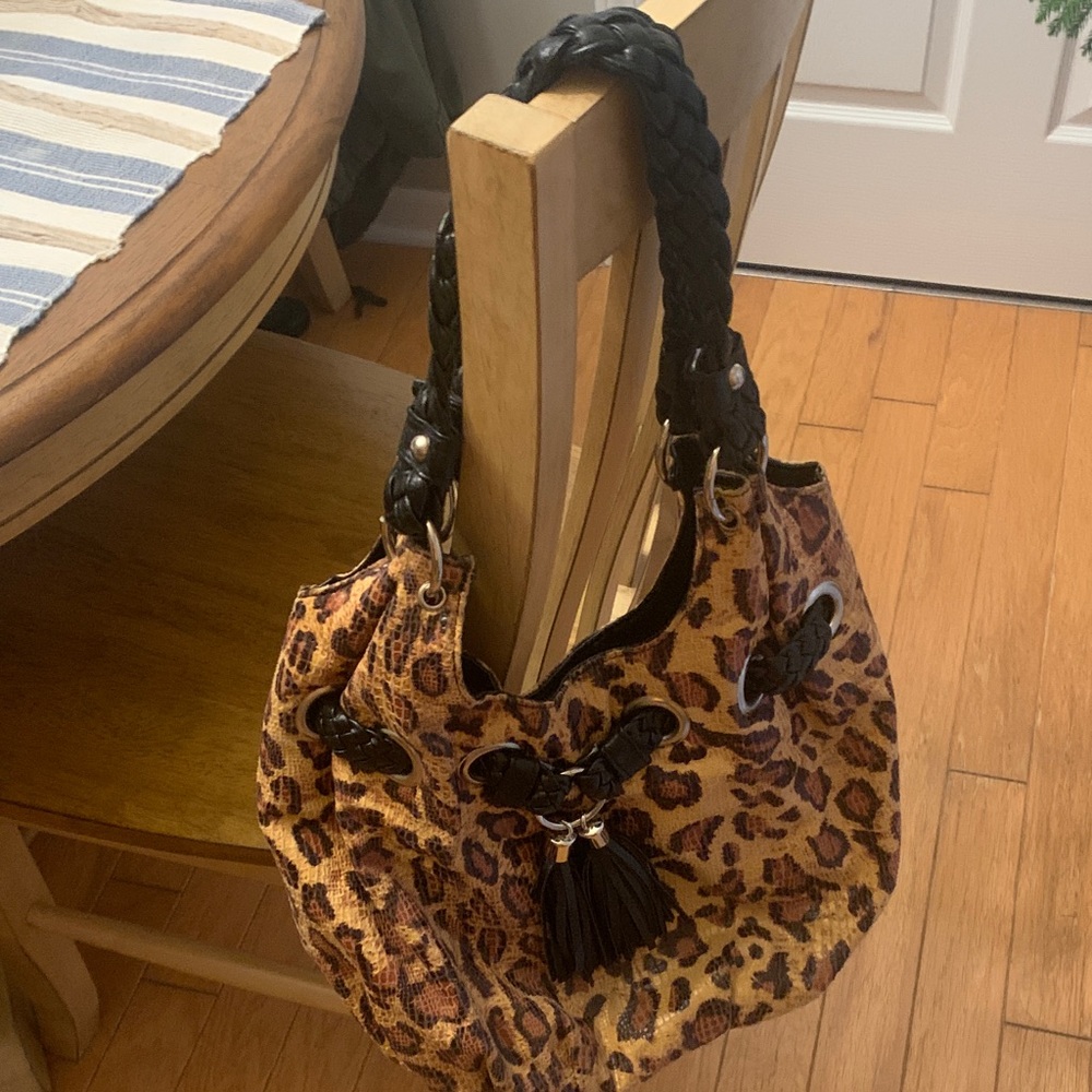 Bueno Leopard Print Shoulder Bag with Black Braided Handles